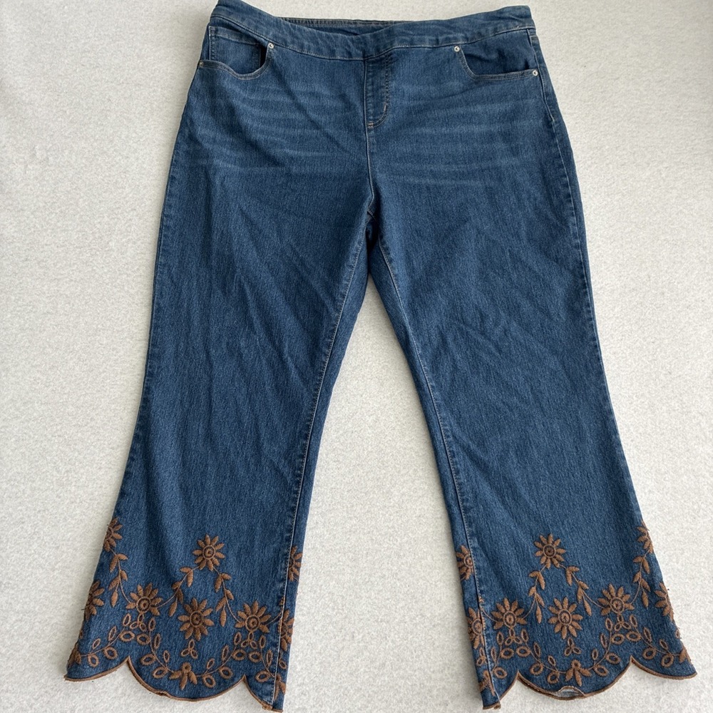 The Pioneer Woman Embroidered Floral Pull On Crop Jeans Dark Wash Stretch XL